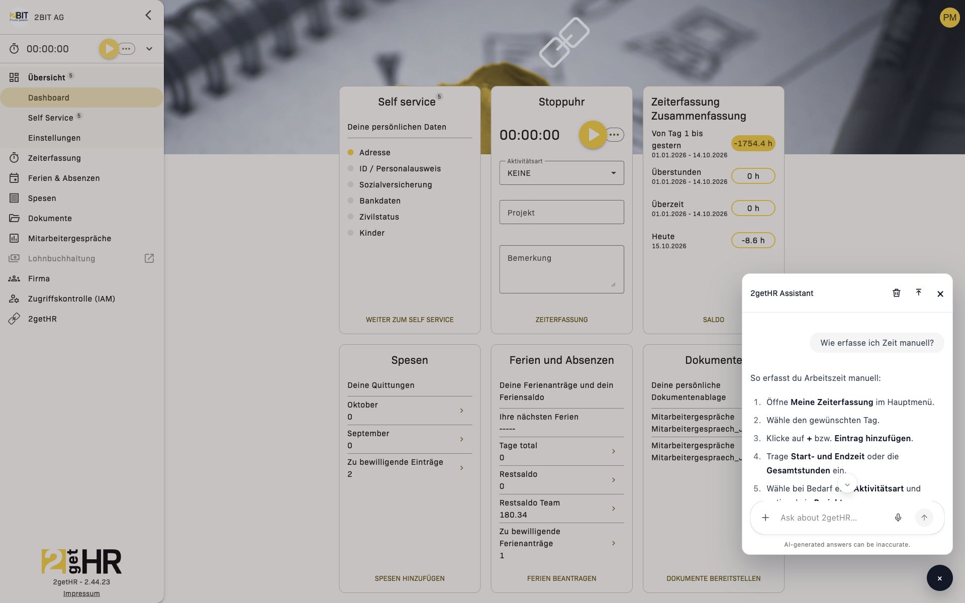 Geöffneter 2getHR Assistant neben dem Dashboard