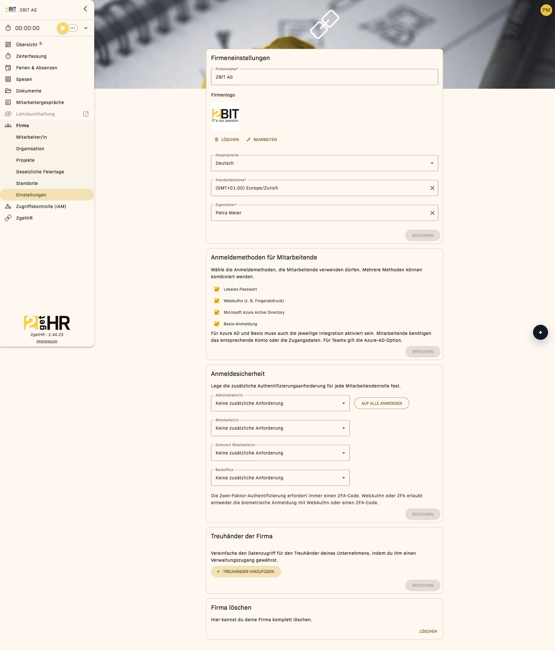 Firmeneinstellungen Hauptansicht