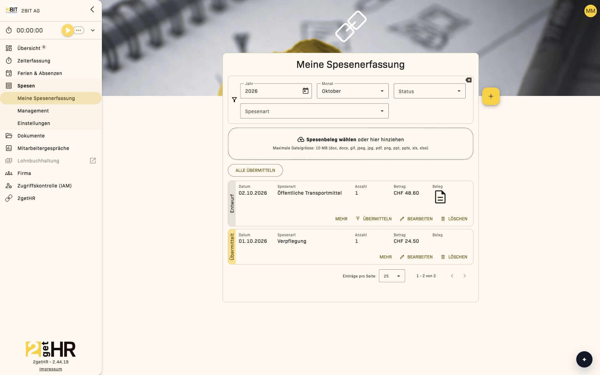Meine Spesenerfassung Hauptseite