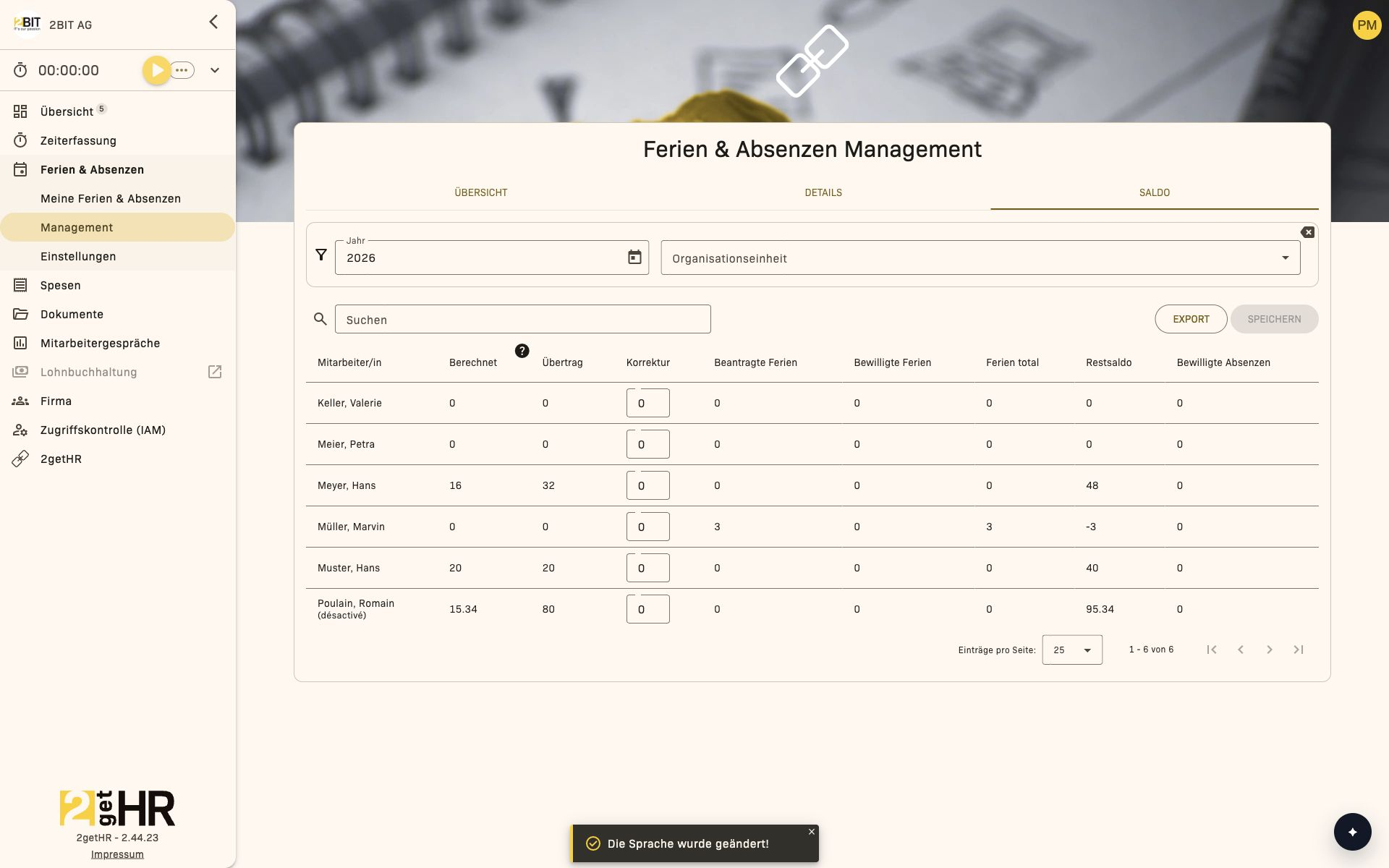 Feriensaldi der Mitarbeitenden in der Management-Ansicht
