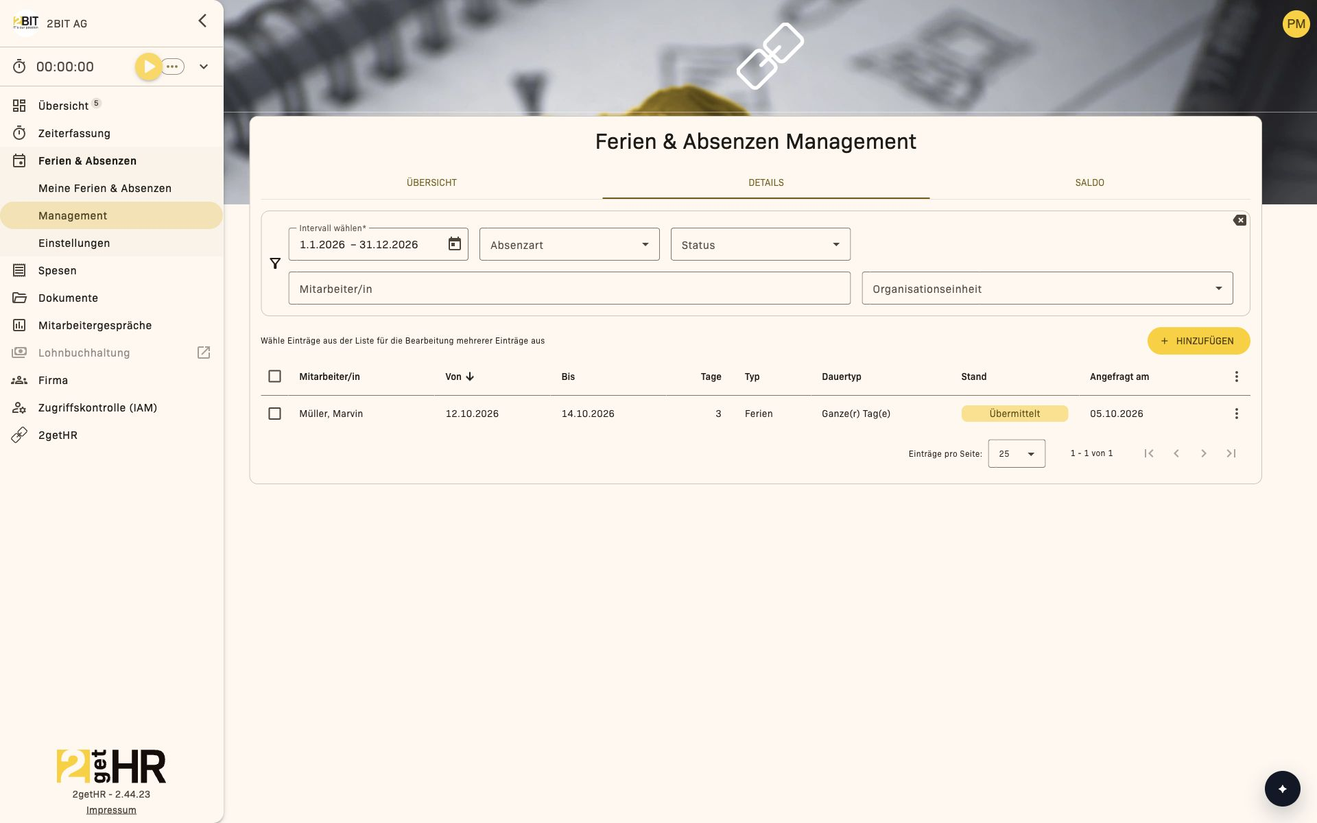 Eingereichte Ferienanträge im Management-Tab Details