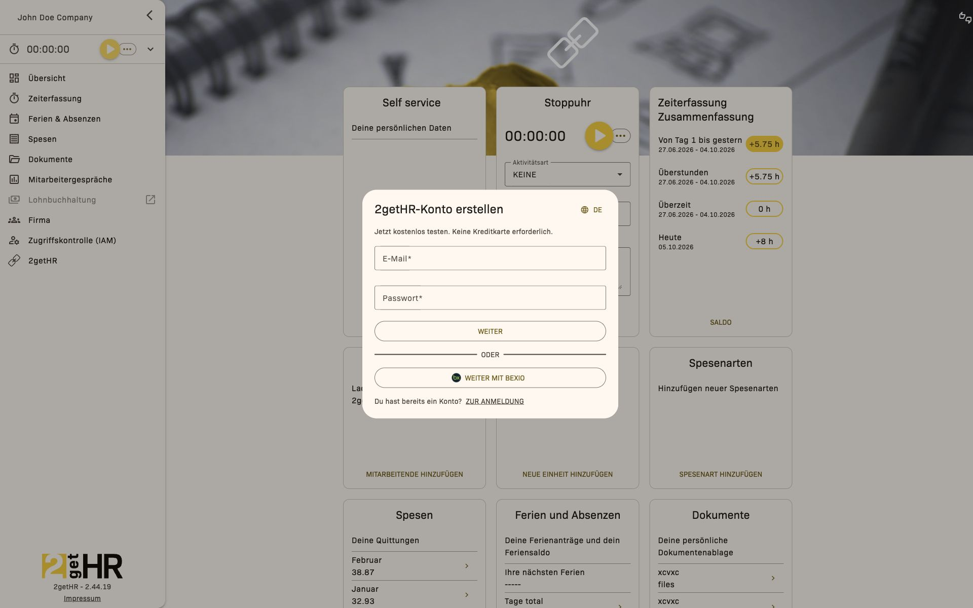 Erster Registrierungsschritt mit E-Mail und Passwort