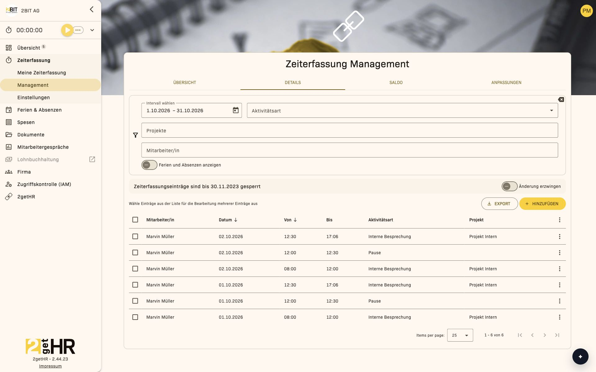 Zeiteinträge im Management nach Mitarbeiter und Zeitraum filtern