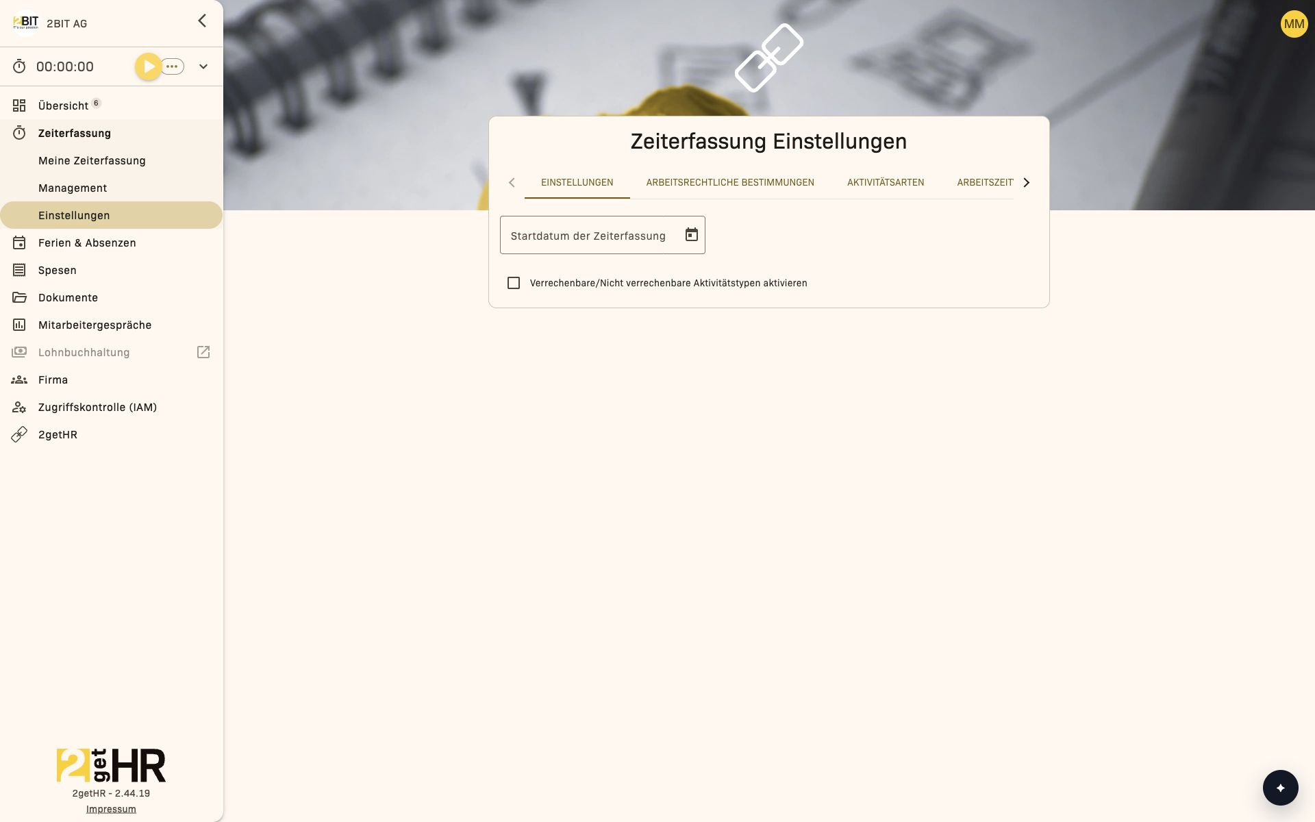 Zeiterfassung Einstellungen Hauptansicht