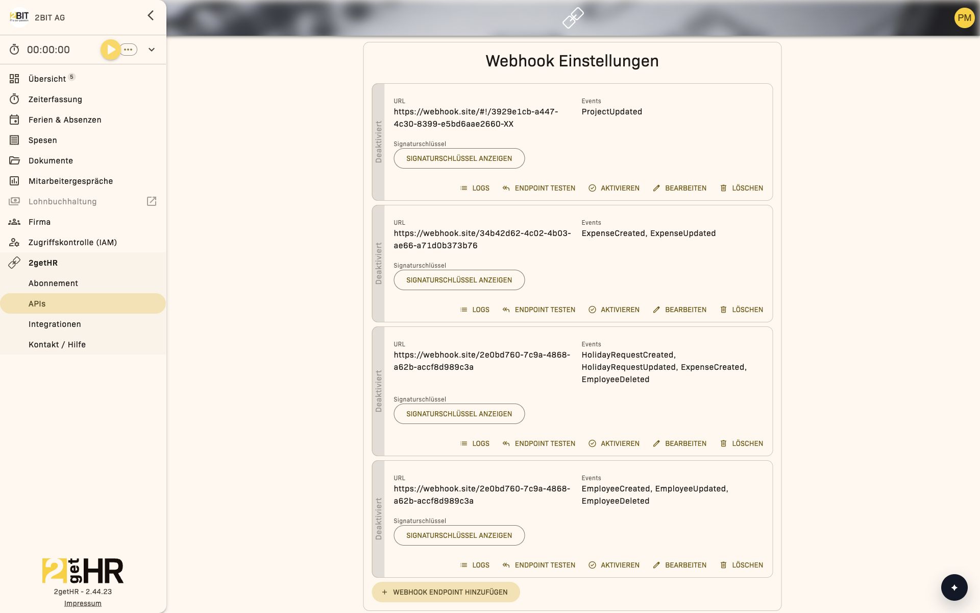 Webhook Einstellungen mit der Aktion Signaturschlüssel anzeigen