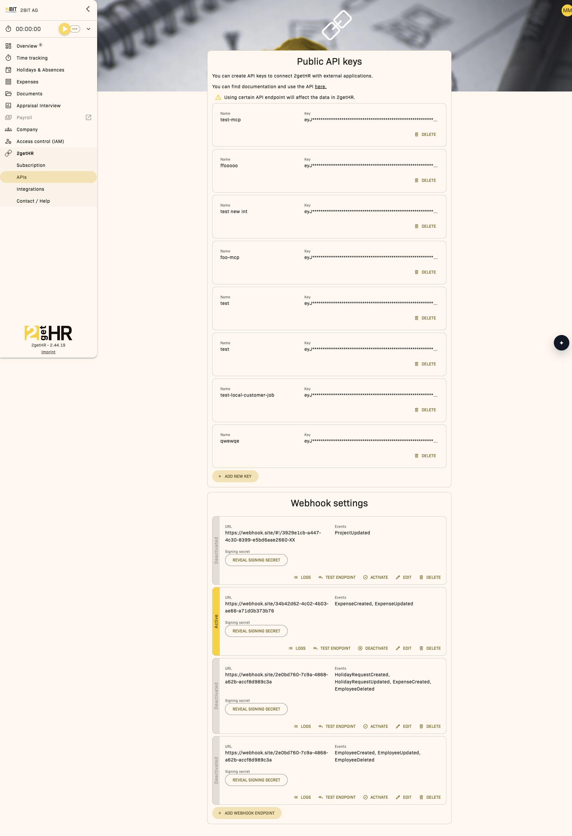 API keys and webhook settings on one page
