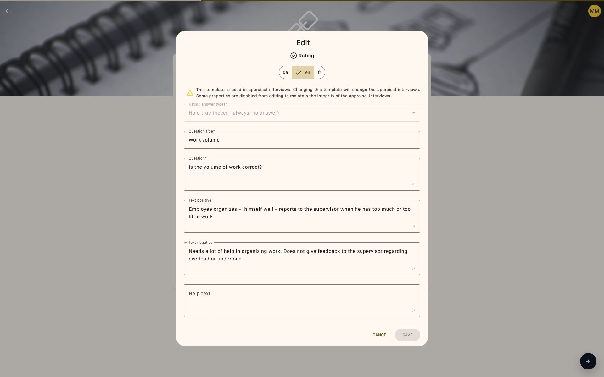 Edit a rating question already in use: text fields available, answer type read-only