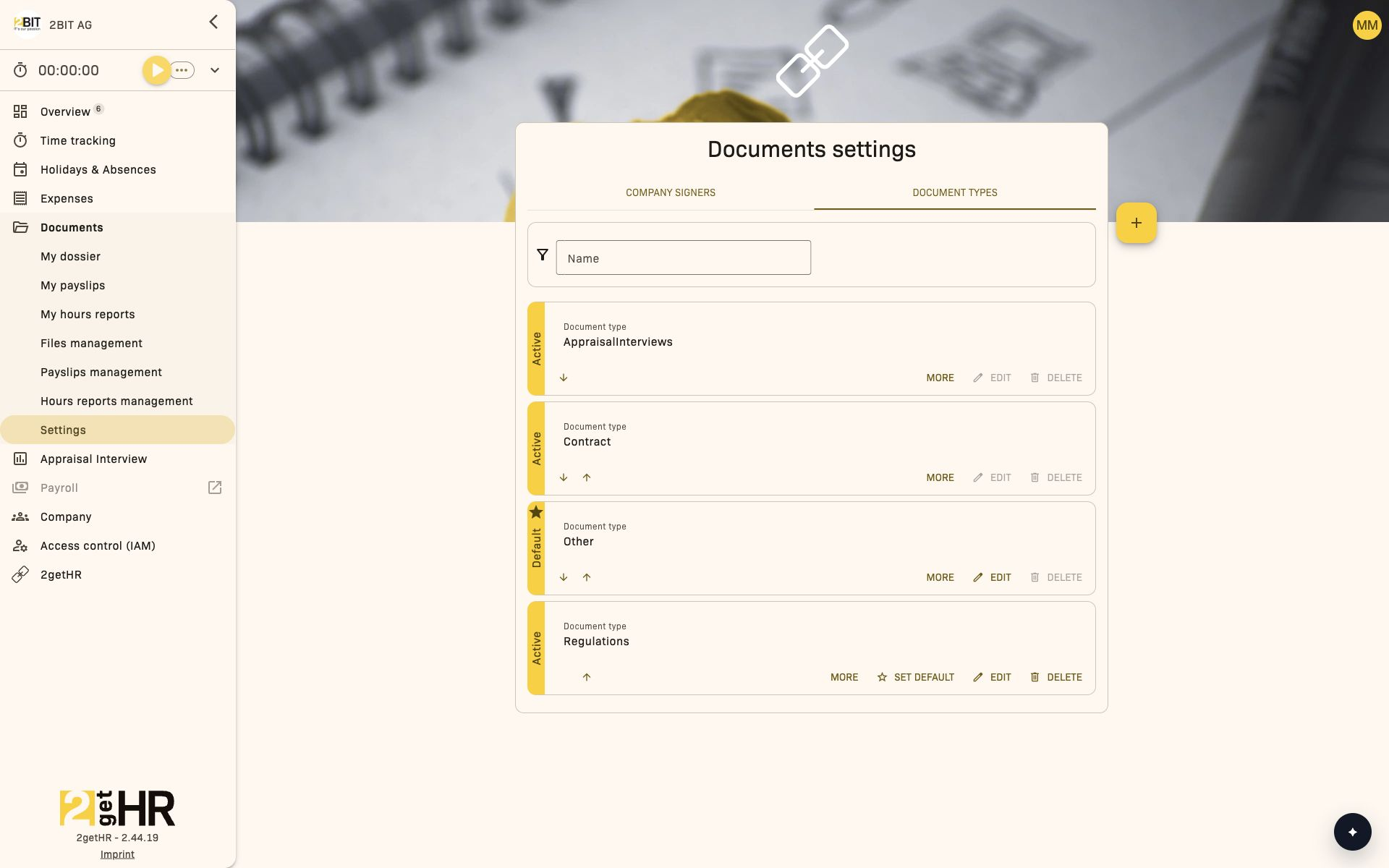 Document types with labels and actions