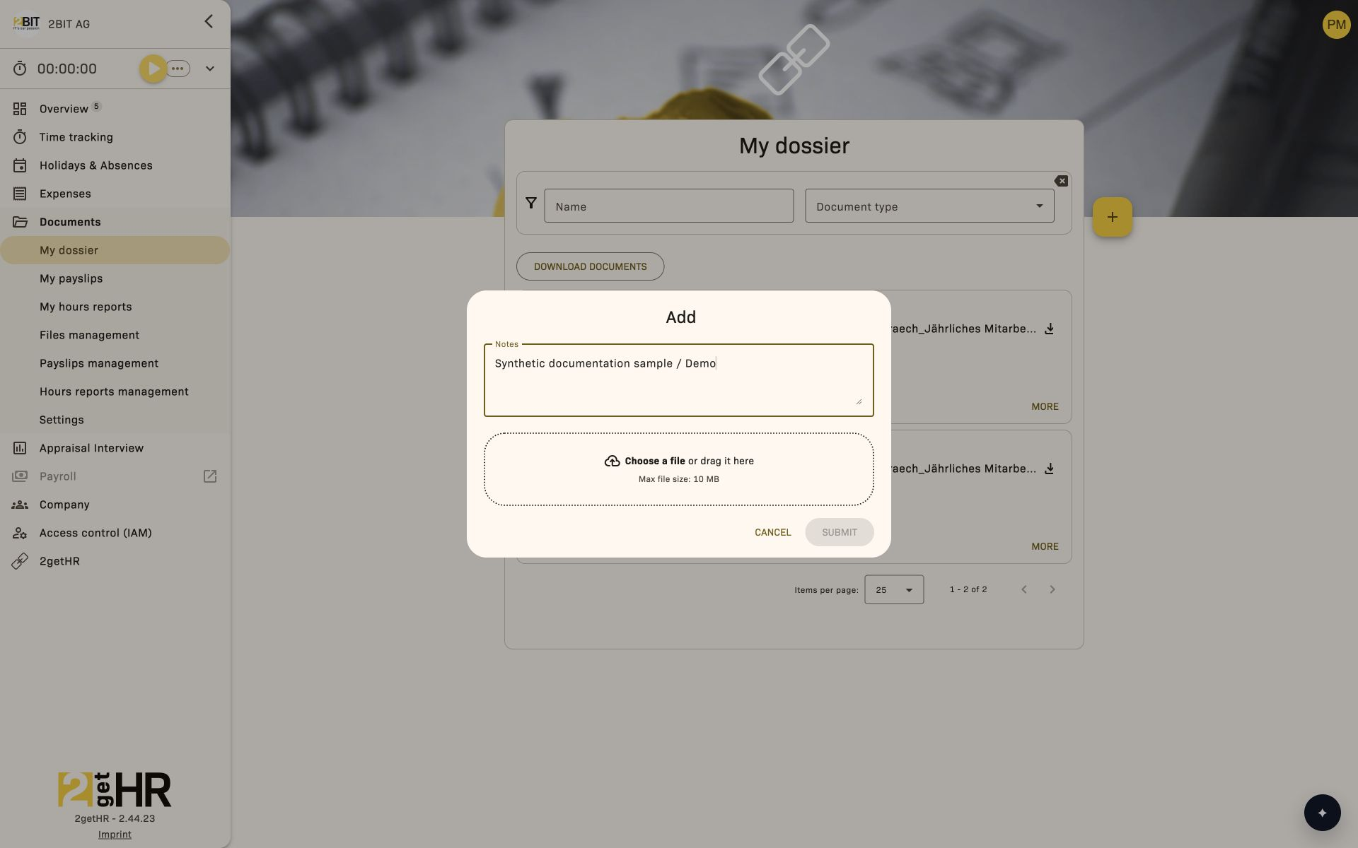 Dialog for uploading a personal document