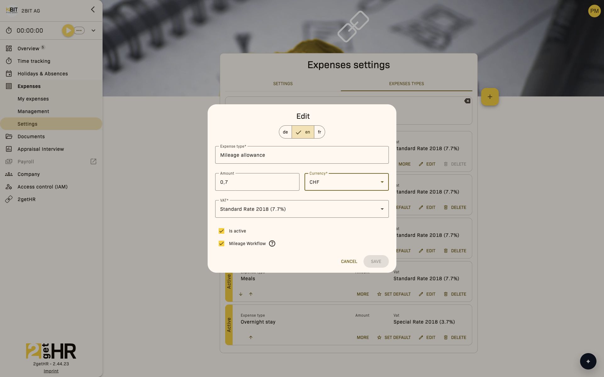 Edit an expense type with Amount, Currency, VAT, Active and Mileage Workflow