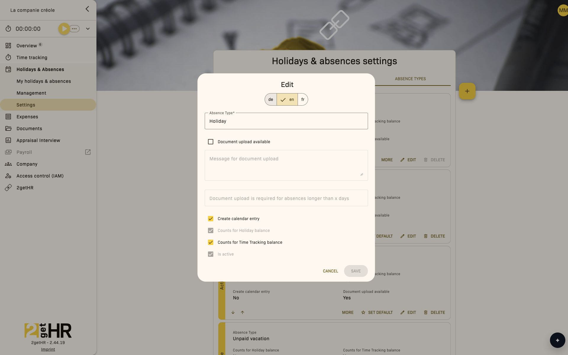 Edit an absence type with balance and time tracking options