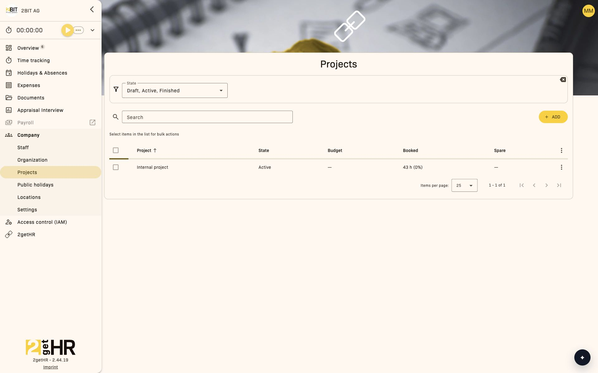 Project overview with filters and recorded time