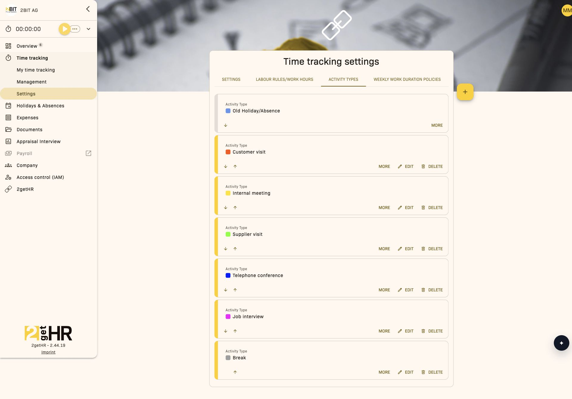 Activity types with categories and colors