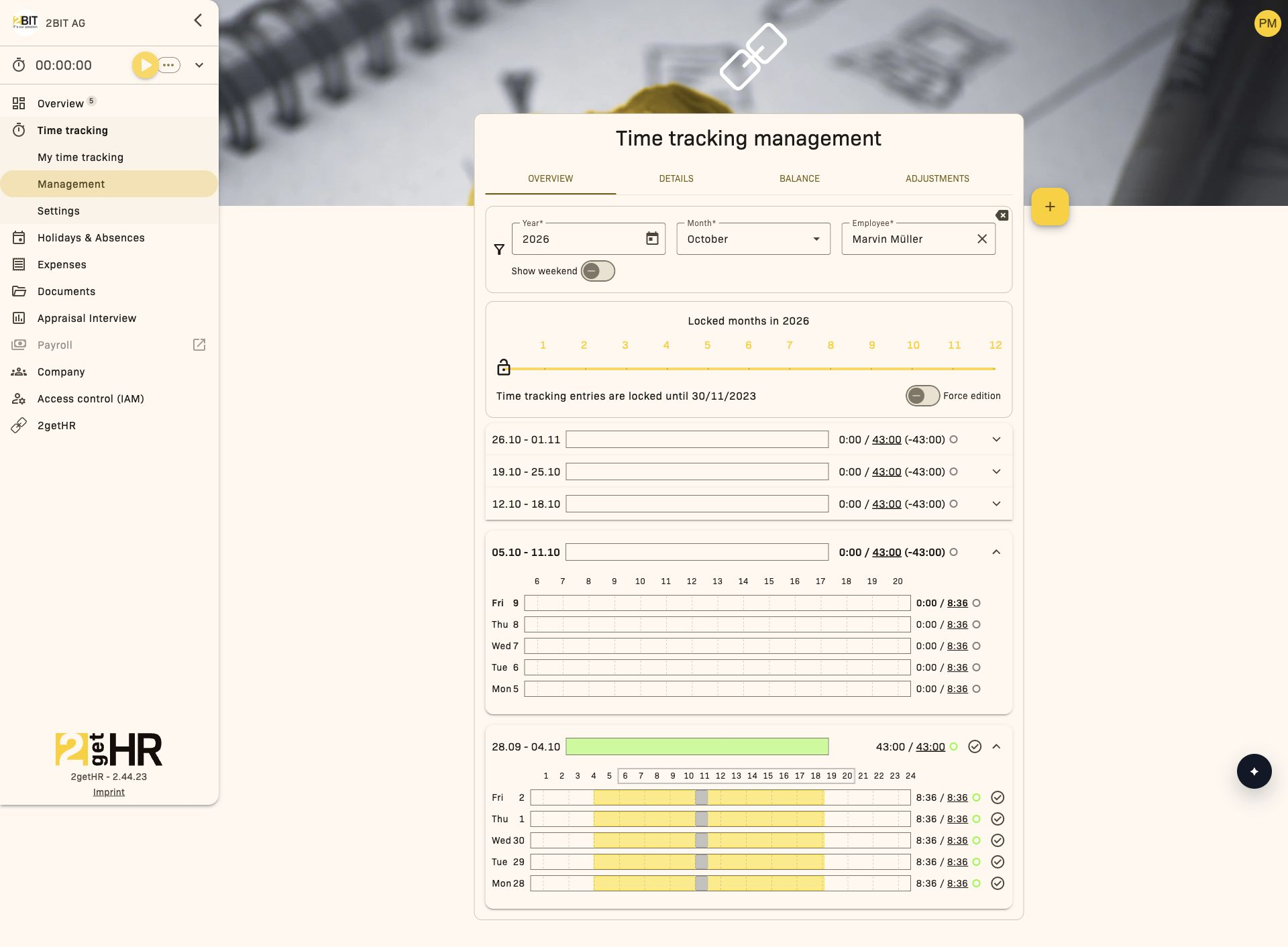 Time tracking management main page