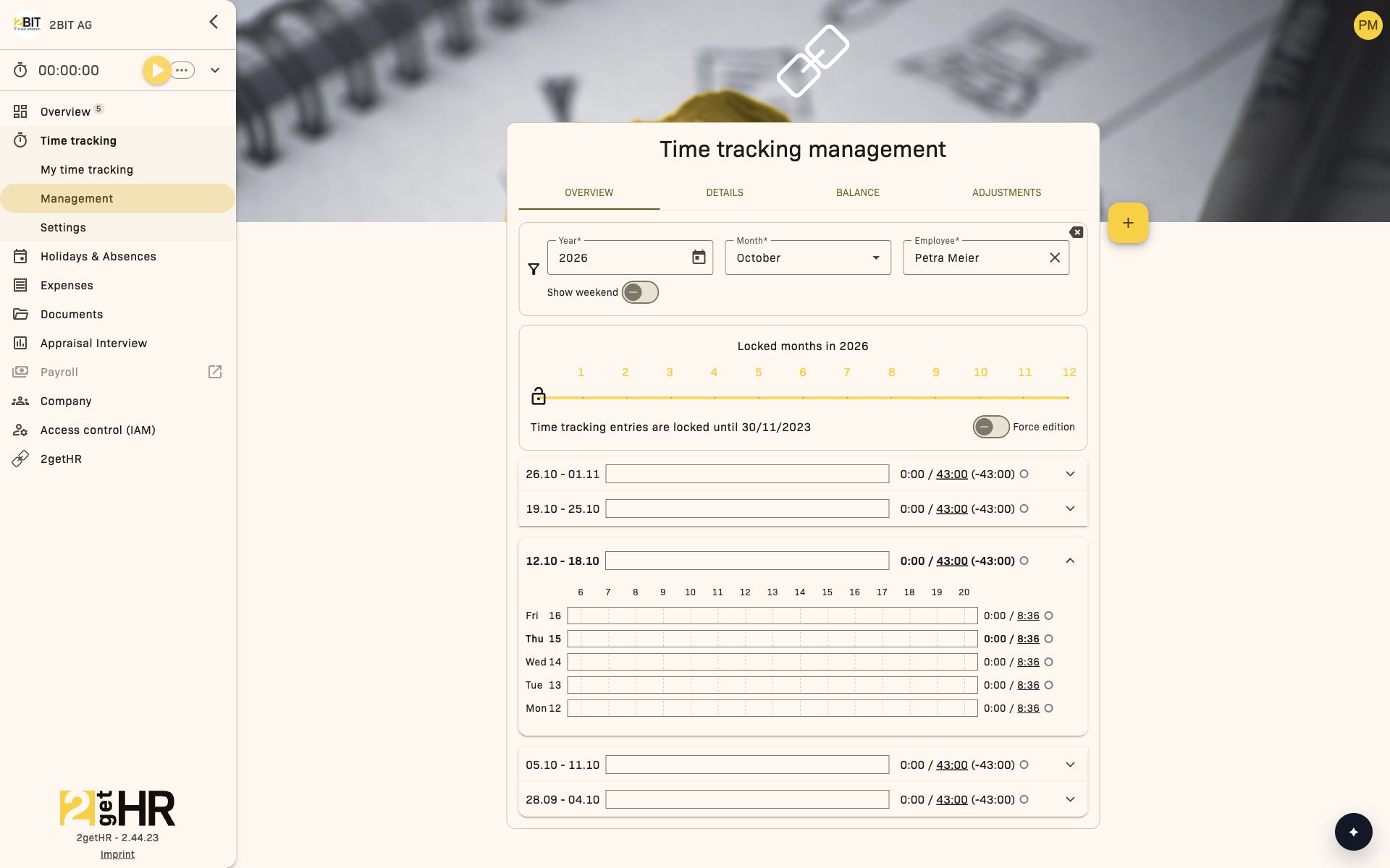Year filter, locked months and Force edition in time tracking
