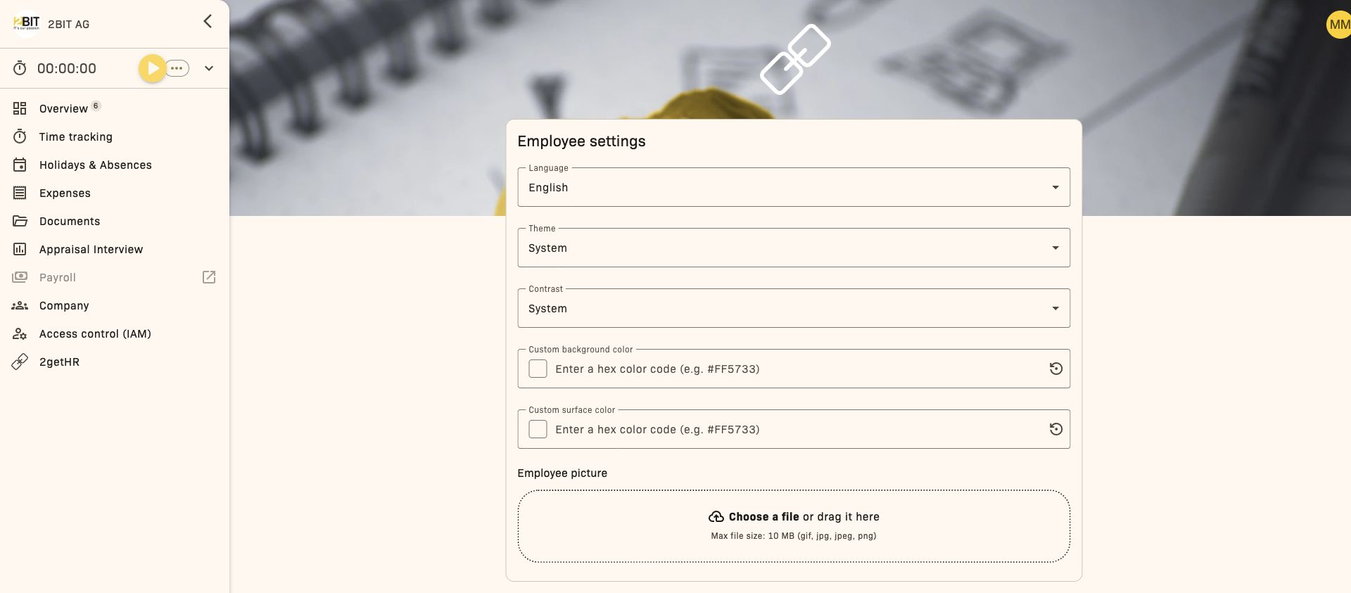 Employee settings with contrast, custom colors and profile picture