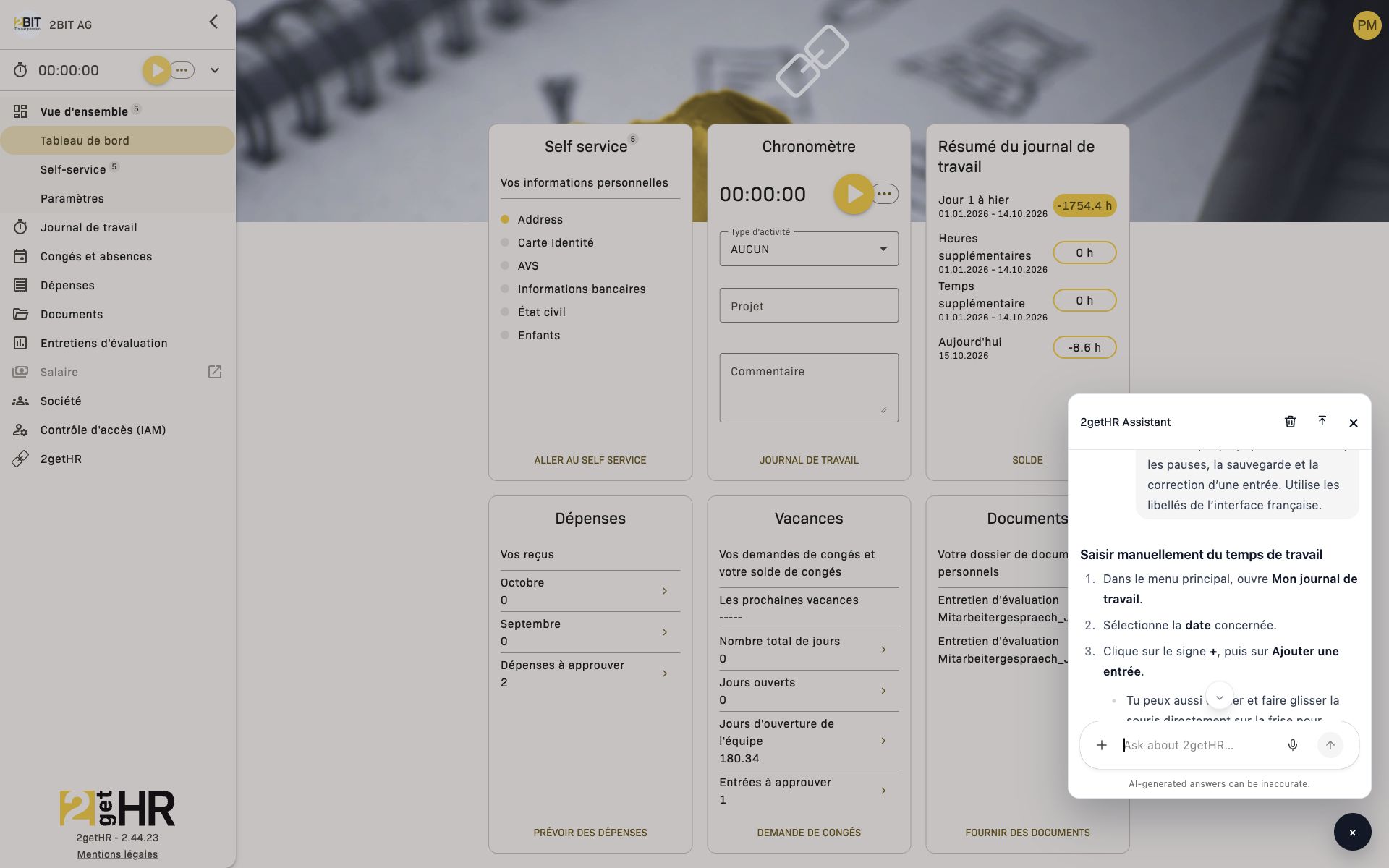 2getHR Assistant ouvert à côté du tableau de bord