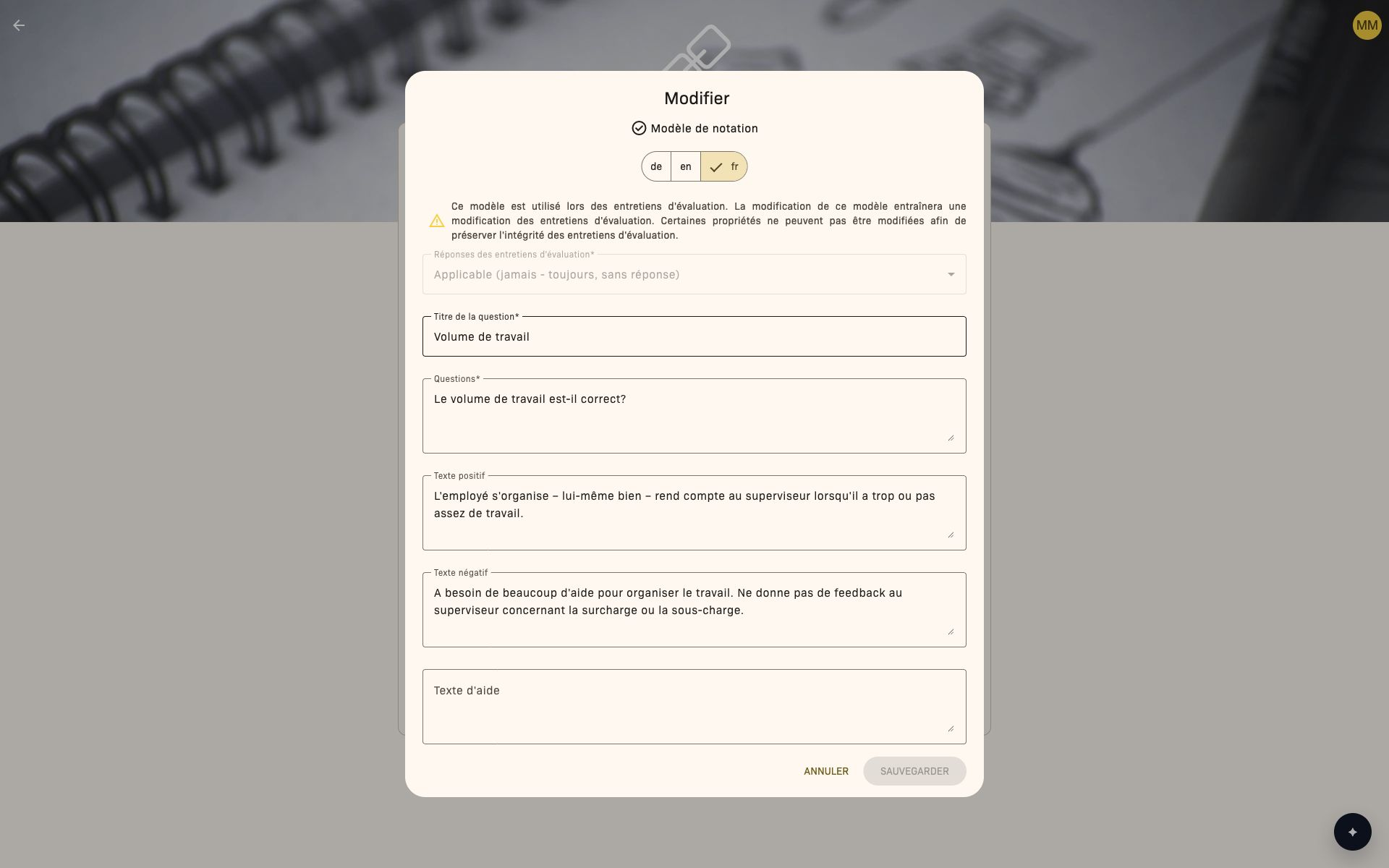 Modifier une question déjà utilisée : champs de texte disponibles, type de réponse en lecture seule