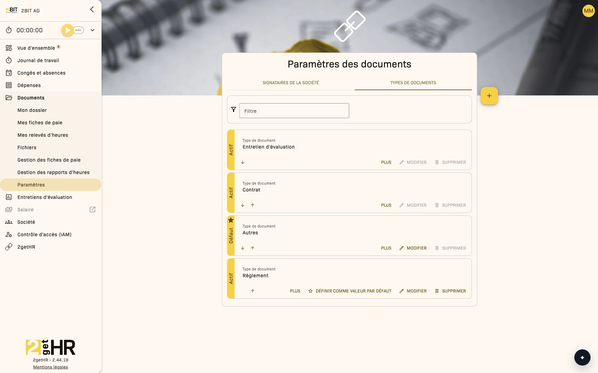 Types de documents avec libellés et actions