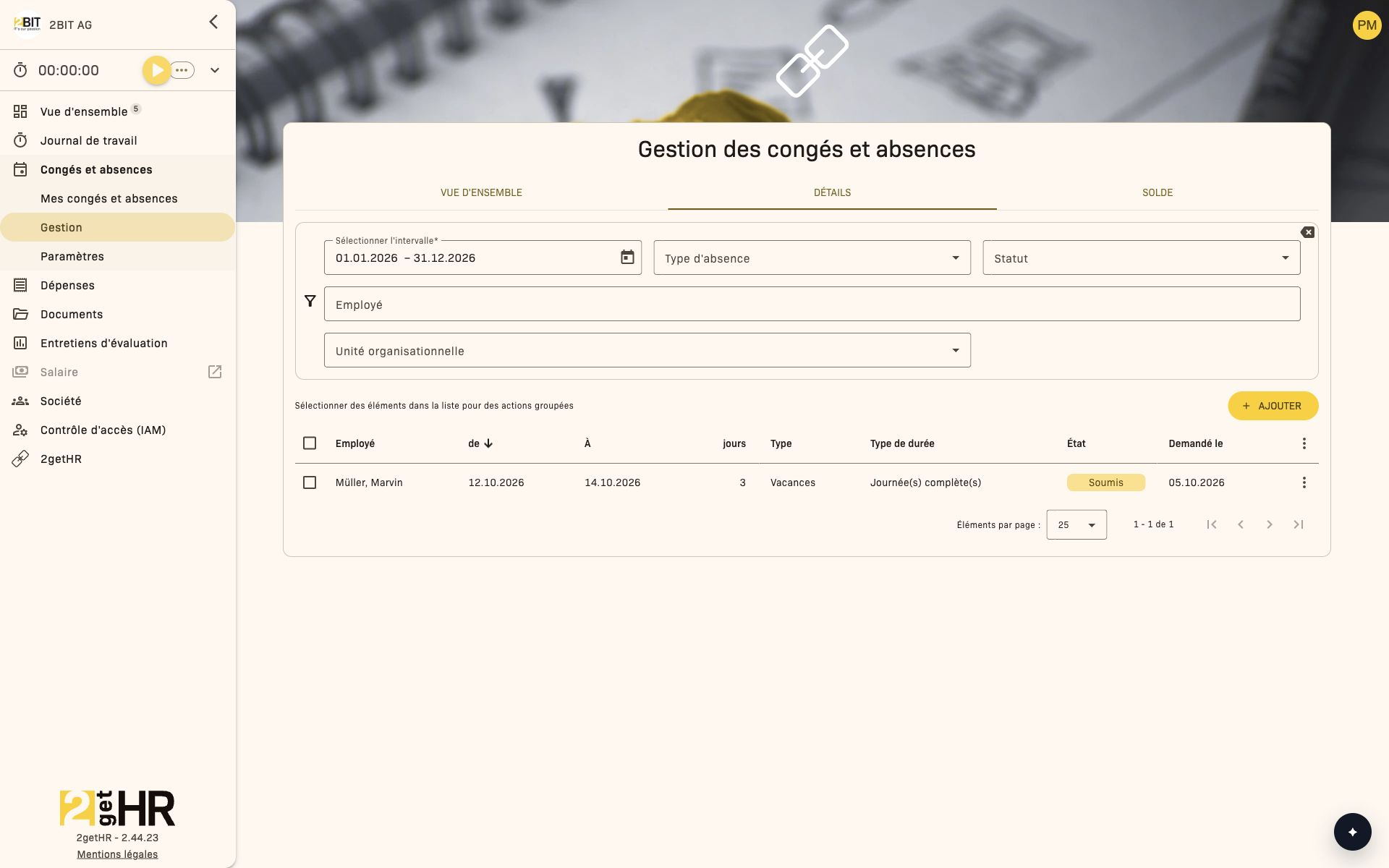 Demandes de congé soumises dans l'onglet Détails de la gestion
