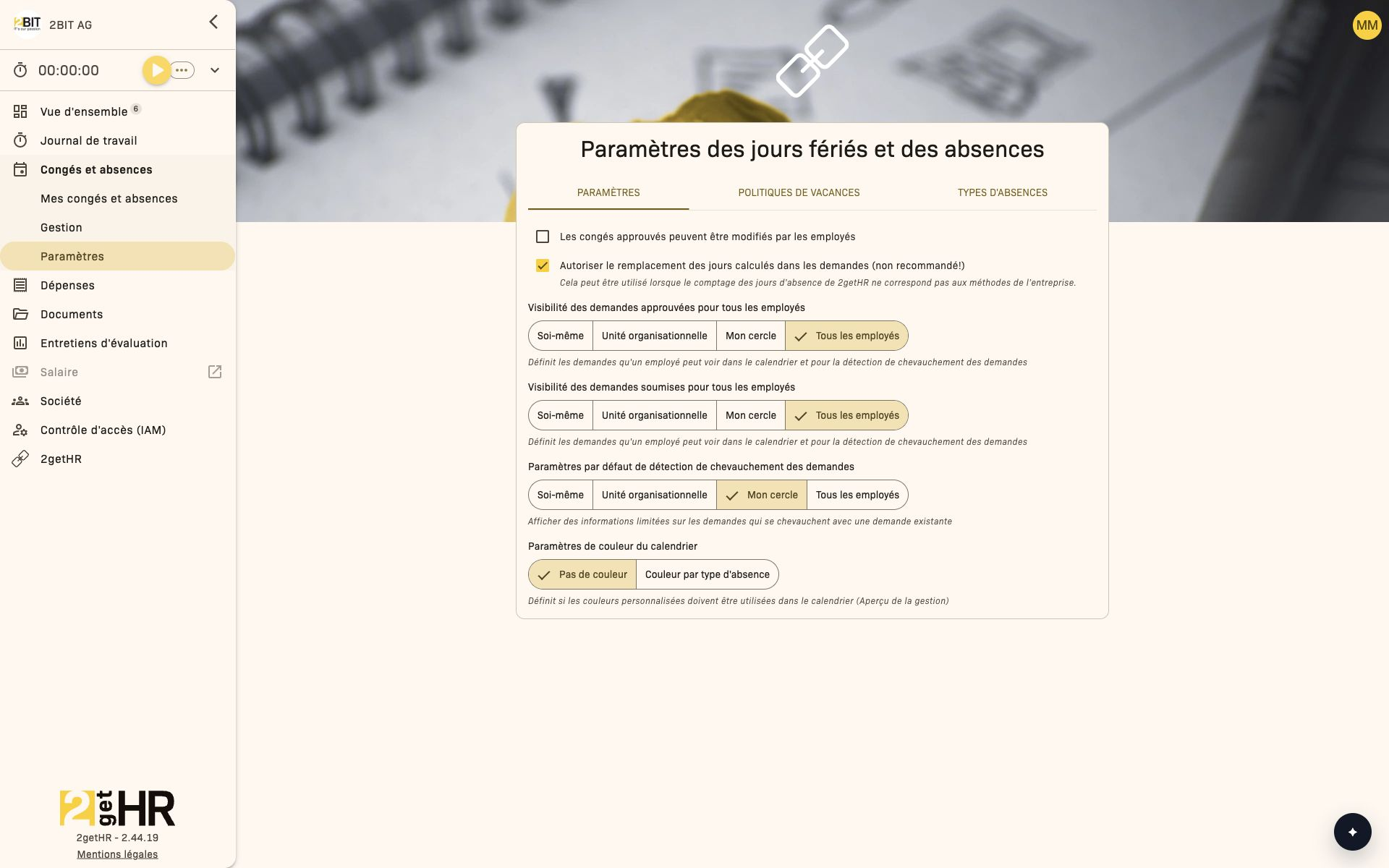 Paramètres de visibilité et de modification des demandes de congé