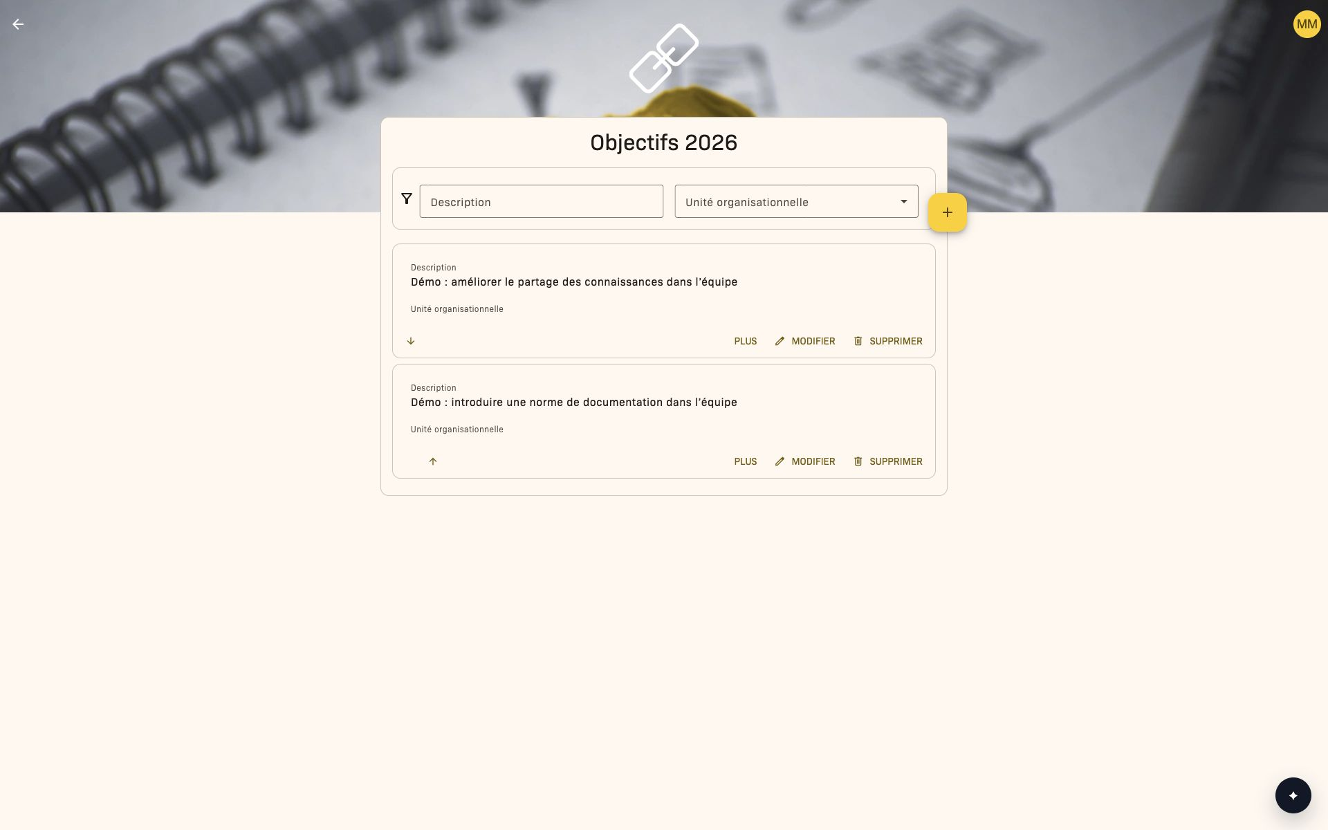 Catalogue d’objectifs avec des objectifs évalués individuellement et collectivement