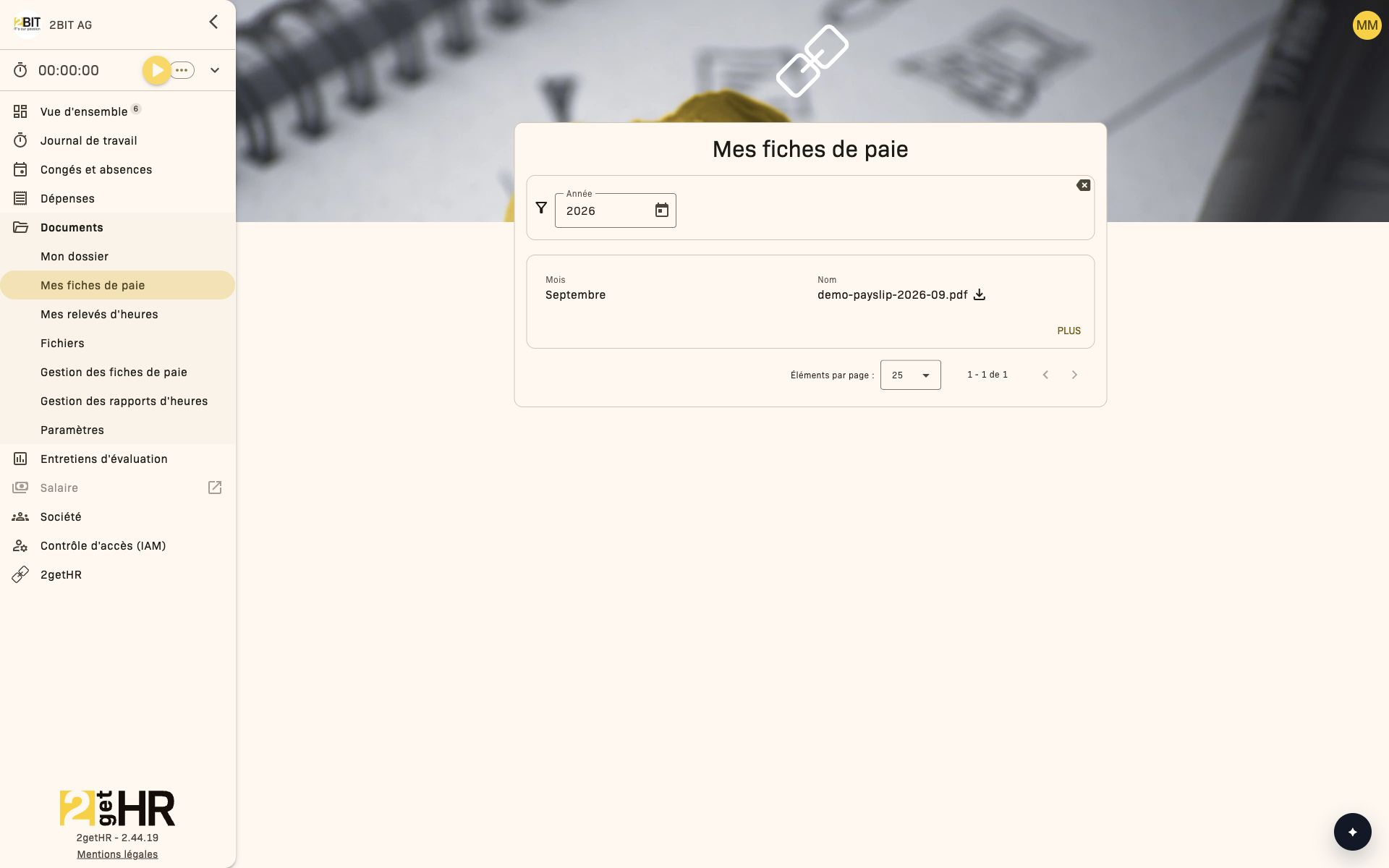 Mes fiches de paie : liste personnelle avec année et téléchargement PDF