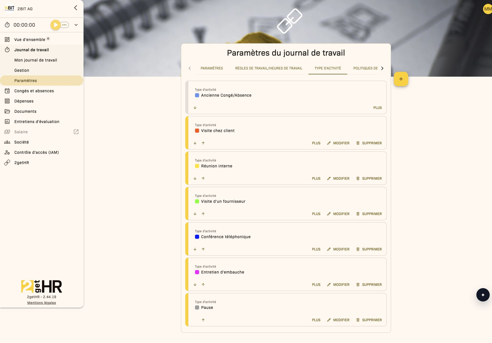 Types d’activité avec catégories et couleurs