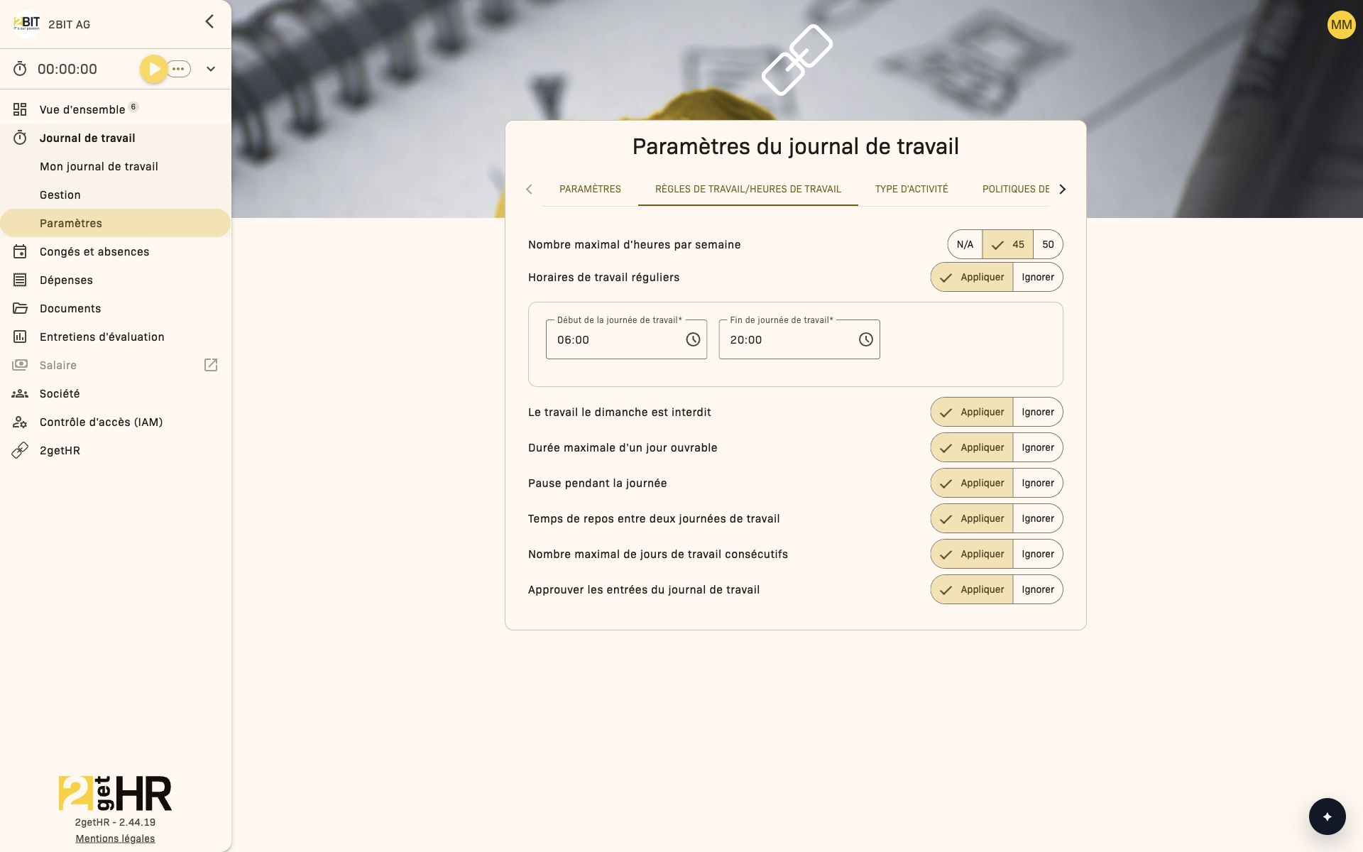 Règles de travail et options de contrôle
