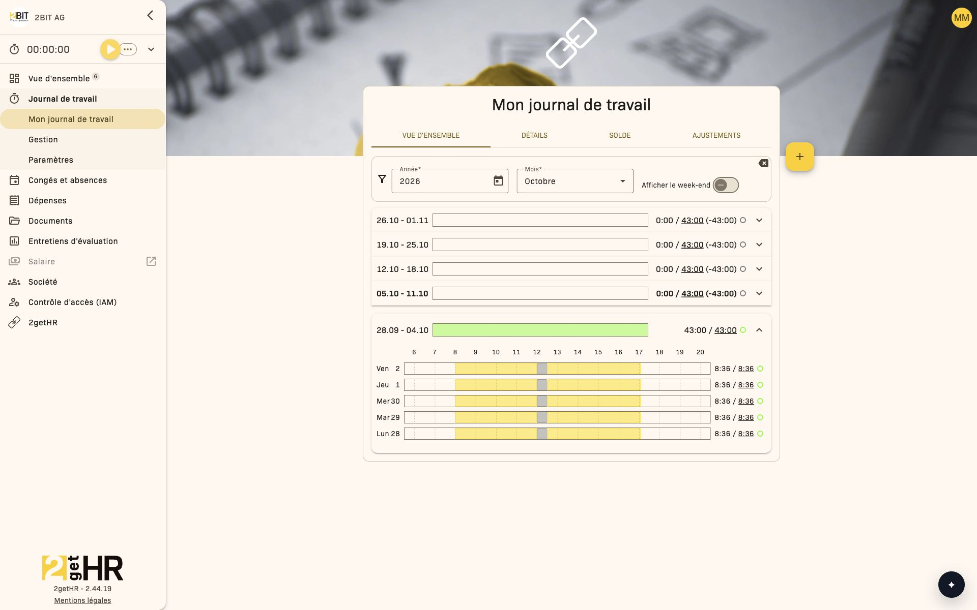 Page principale du journal de travail