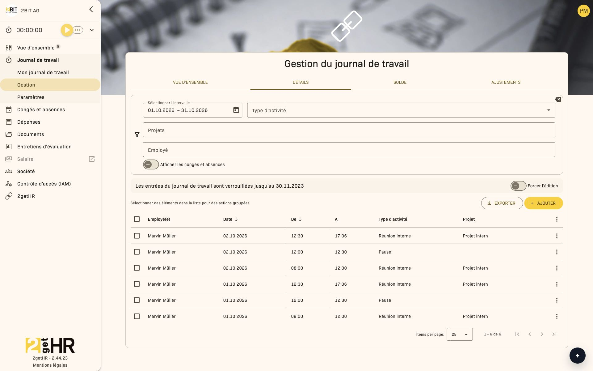 Filtrer les entrées de temps de gestion par employé et par période