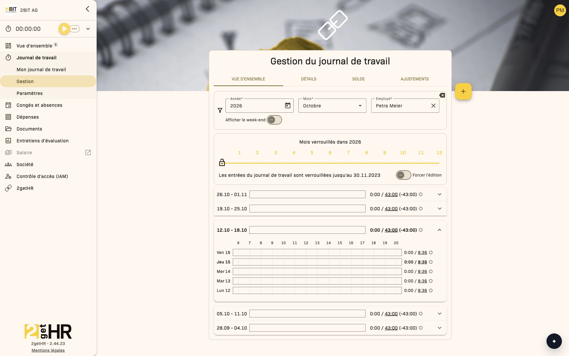 Filtre annuel, mois verrouillés et Forcer l'édition dans le journal de travail